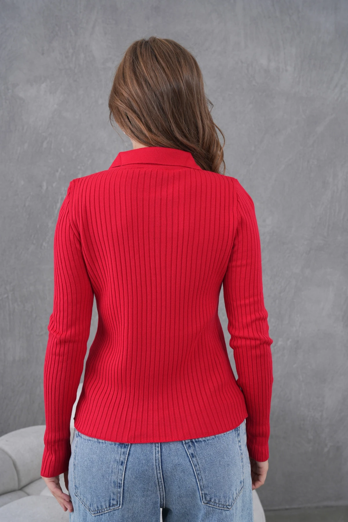 Kadın Polo Yaka Fermuar Detay Kaşkorse Triko Kazak