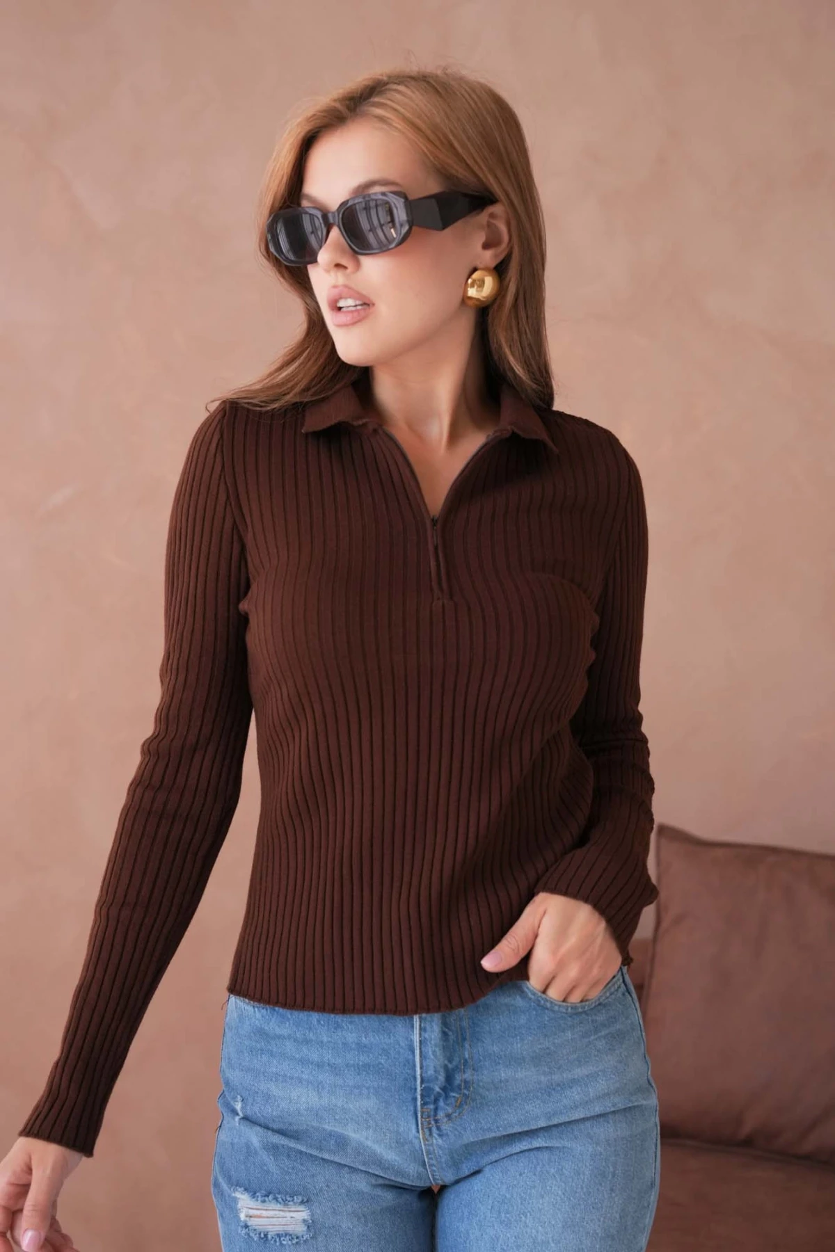 Kadın Polo Yaka Fermuar Detay Kaşkorse Triko Kazak