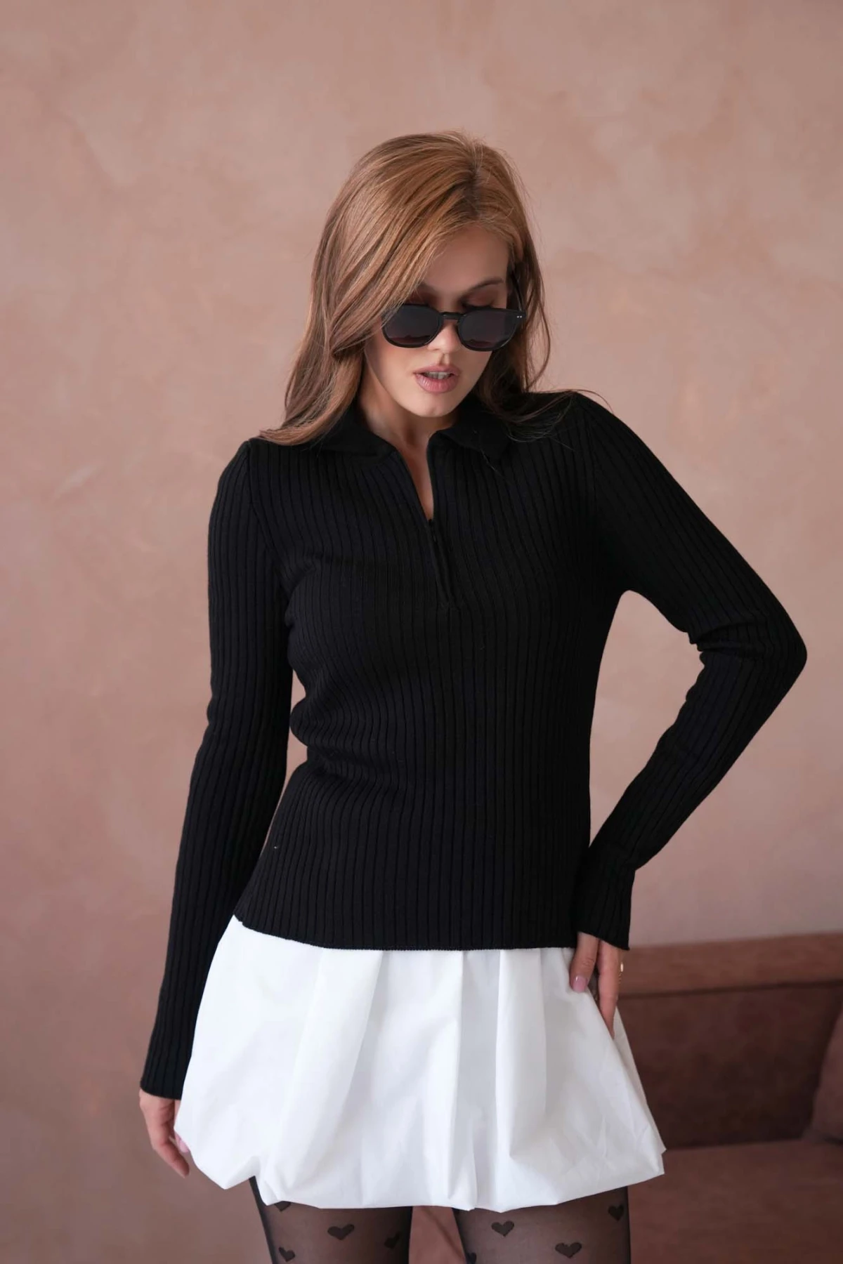 Kadın Polo Yaka Fermuar Detay Kaşkorse Triko Kazak