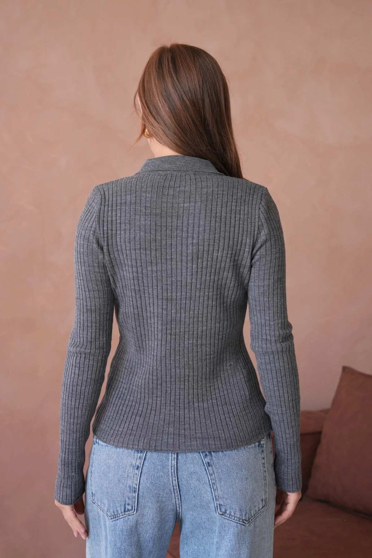 Kadın Polo Yaka Fermuar Detay Kaşkorse Triko Kazak