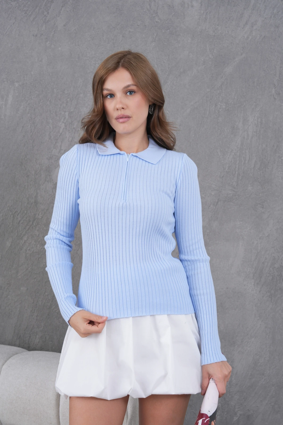 Kadın Polo Yaka Fermuar Detay Kaşkorse Triko Kazak