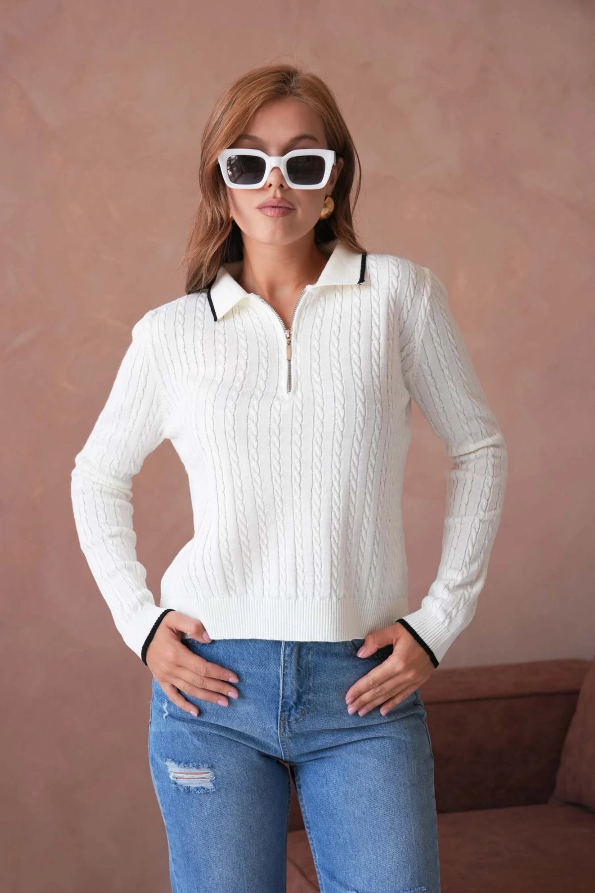 Kadın Polo Yaka Fermuar Detay Triko Kazak