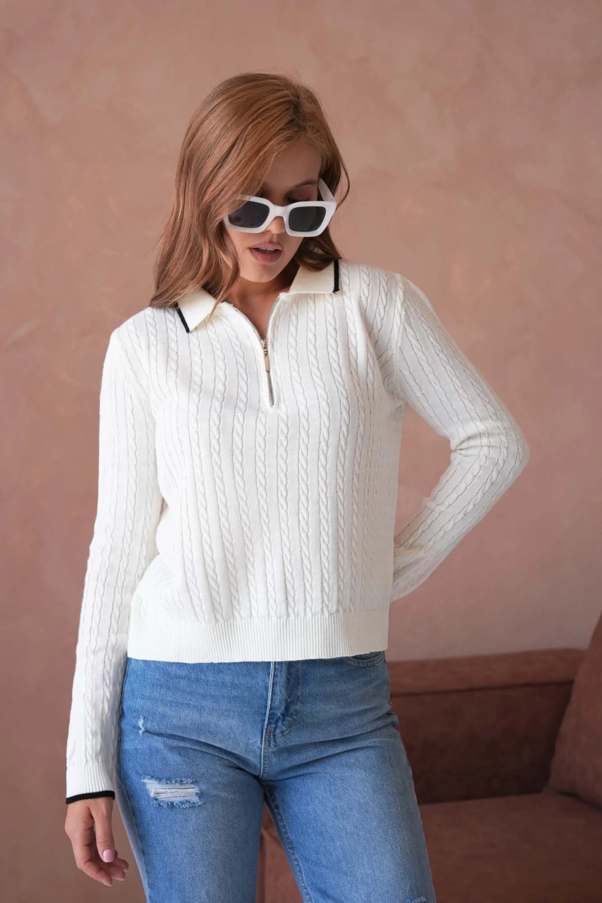 Kadın Polo Yaka Fermuar Detay Triko Kazak