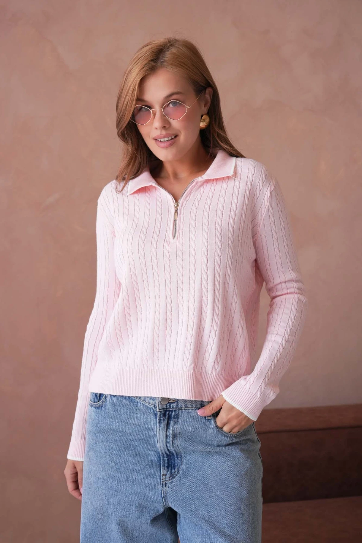 Kadın Polo Yaka Fermuar Detay Triko Kazak