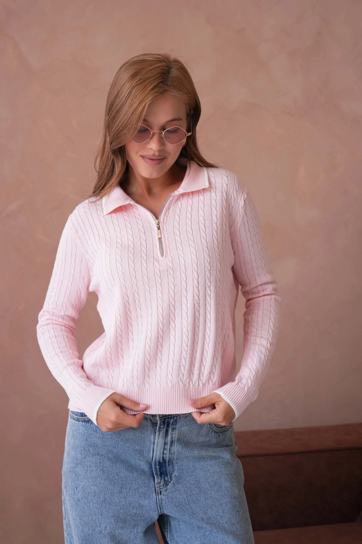 Kadın Polo Yaka Fermuar Detay Triko Kazak