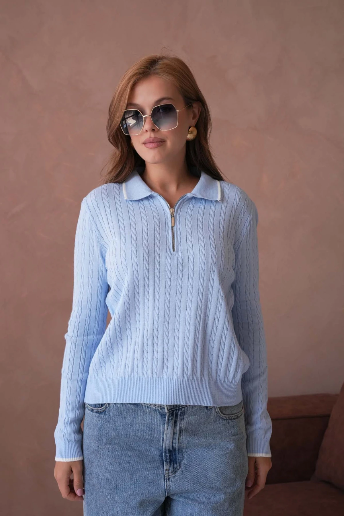 Kadın Polo Yaka Fermuar Detay Triko Kazak