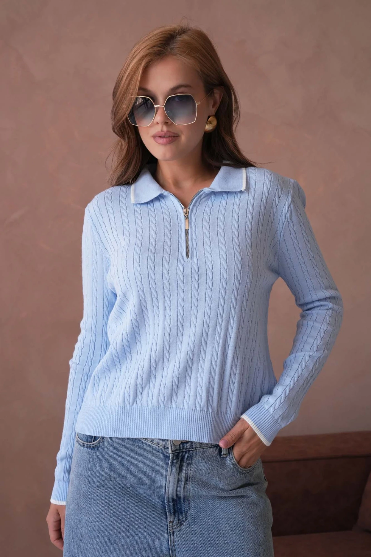 Kadın Polo Yaka Fermuar Detay Triko Kazak