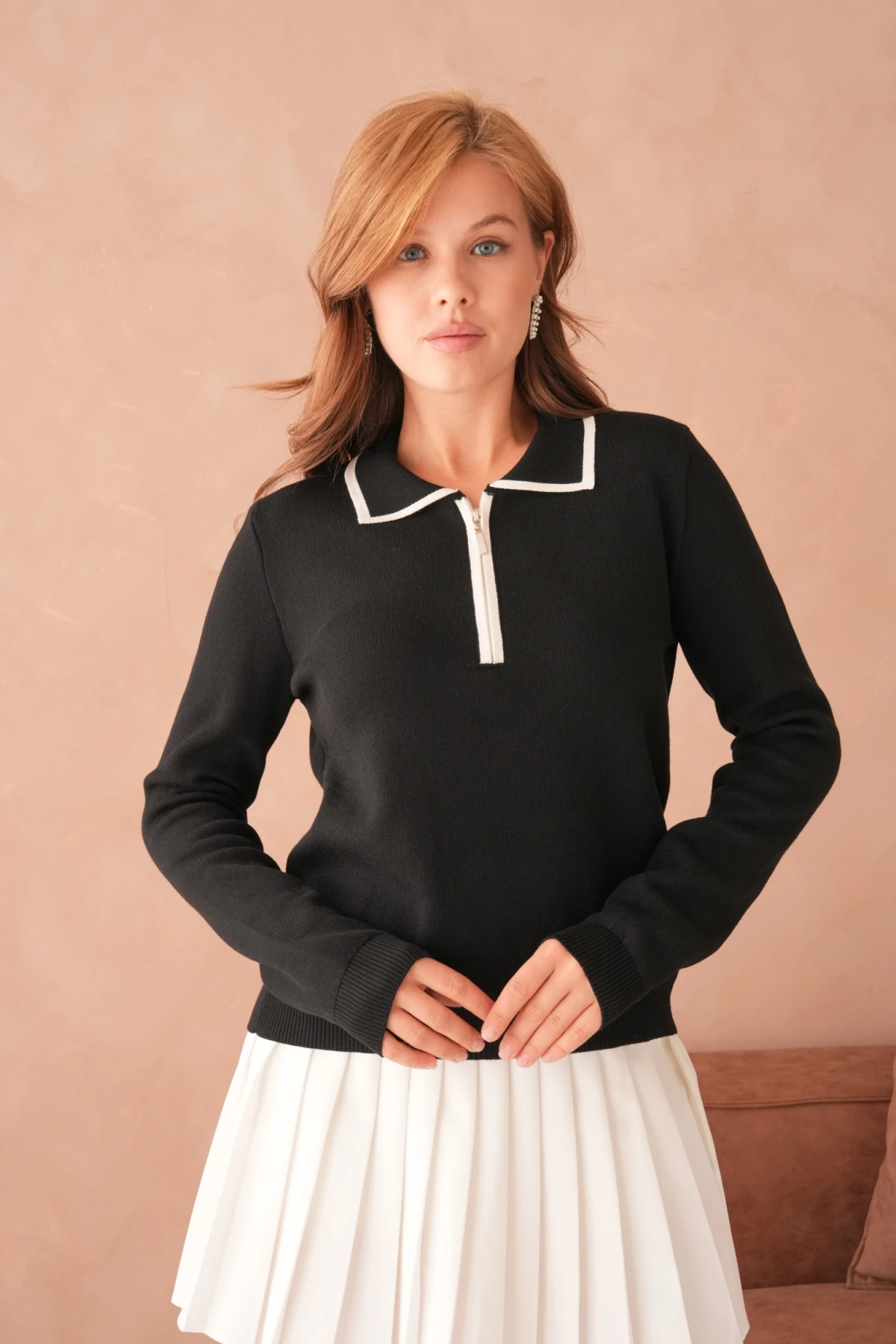 Kadın Polo Yaka Fermuar Detay Triko Kazak