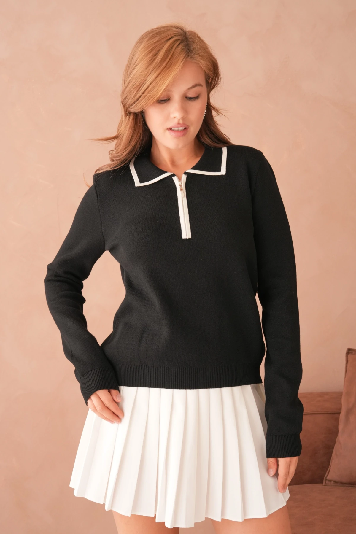 Kadın Polo Yaka Fermuar Detay Triko Kazak