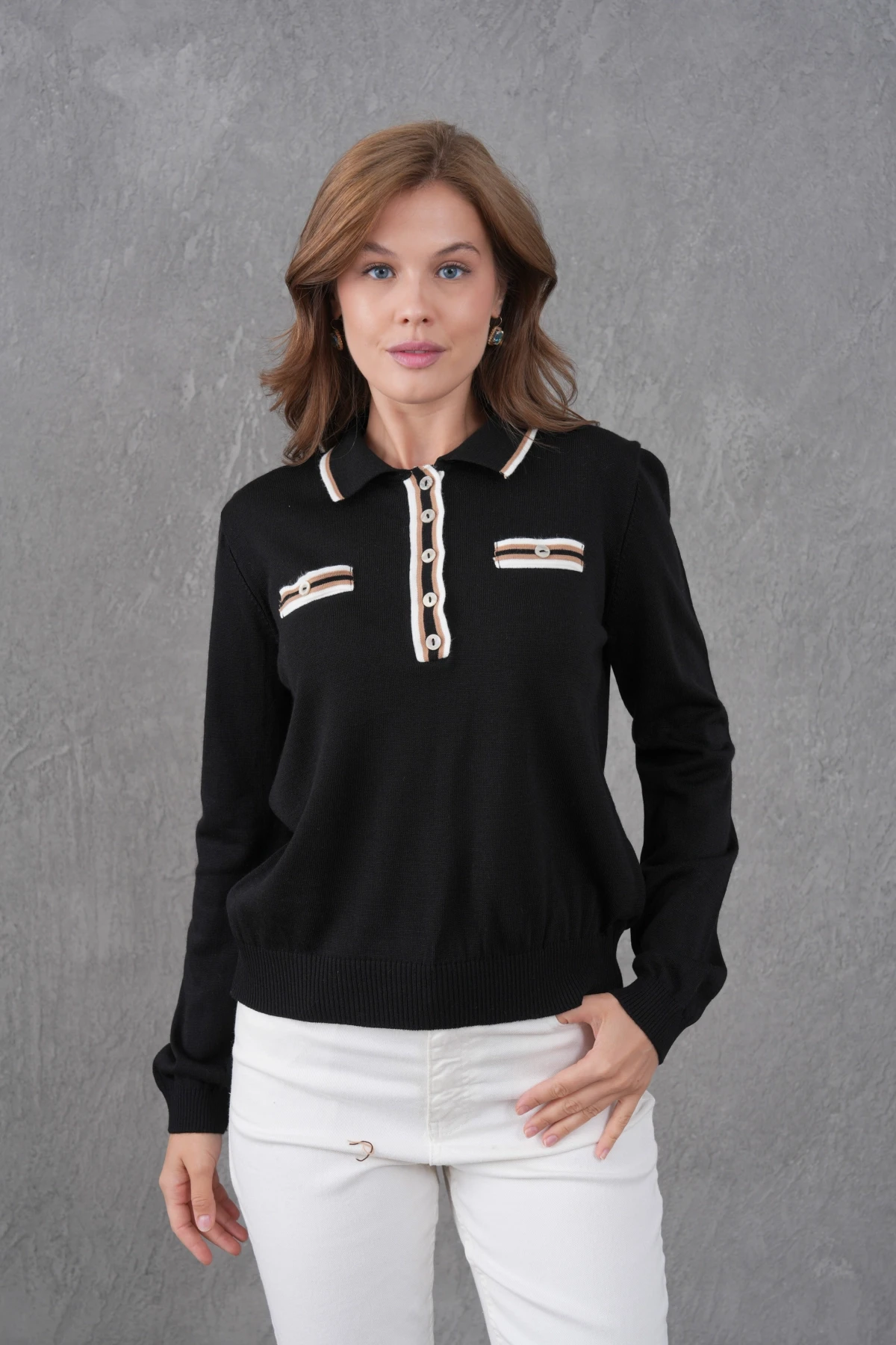 Kadın Polo Yaka Garni Detay Triko Kazak