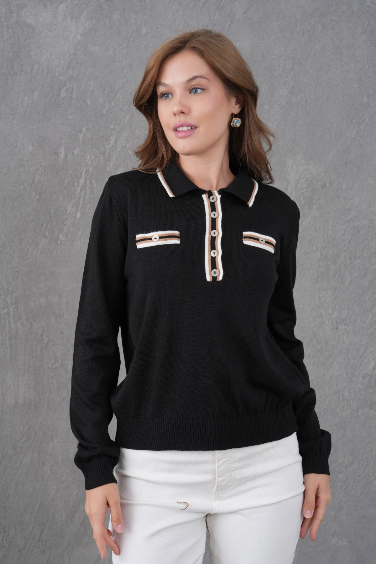 Kadın Polo Yaka Garni Detay Triko Kazak