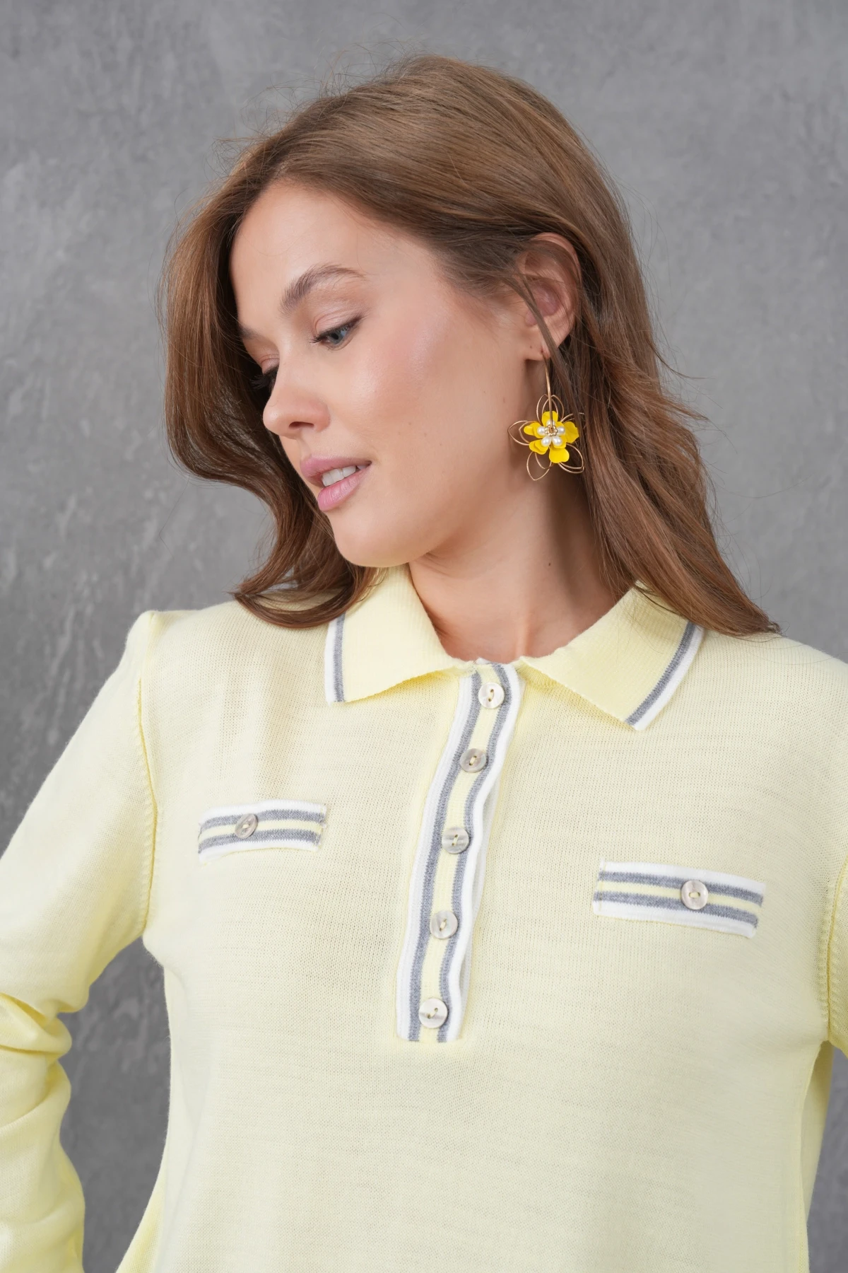 Kadın Polo Yaka Garni Detay Triko Kazak