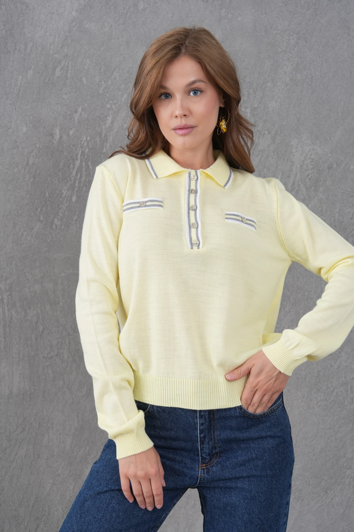 Kadın Polo Yaka Garni Detay Triko Kazak