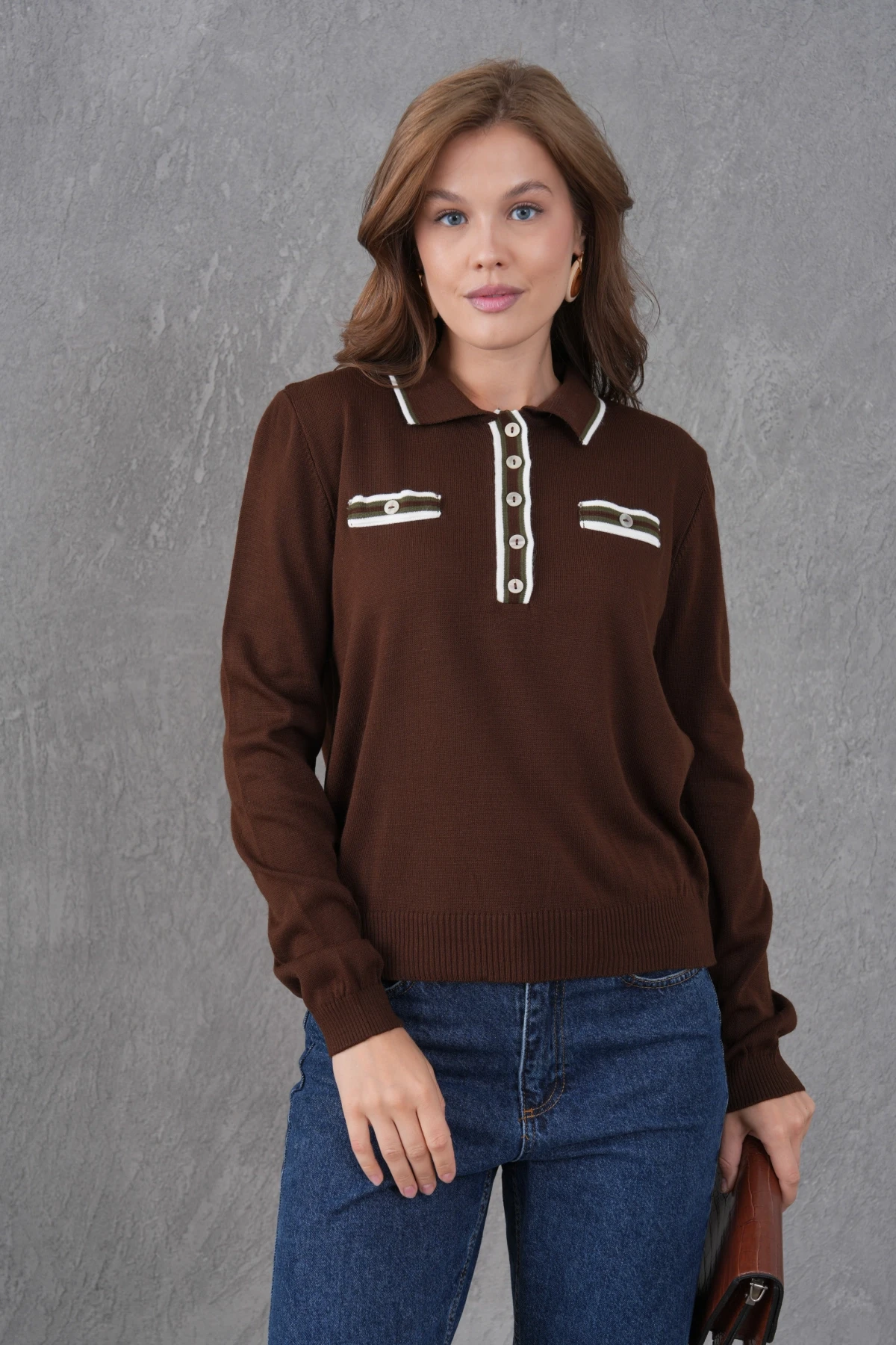 Kadın Polo Yaka Garni Detay Triko Kazak