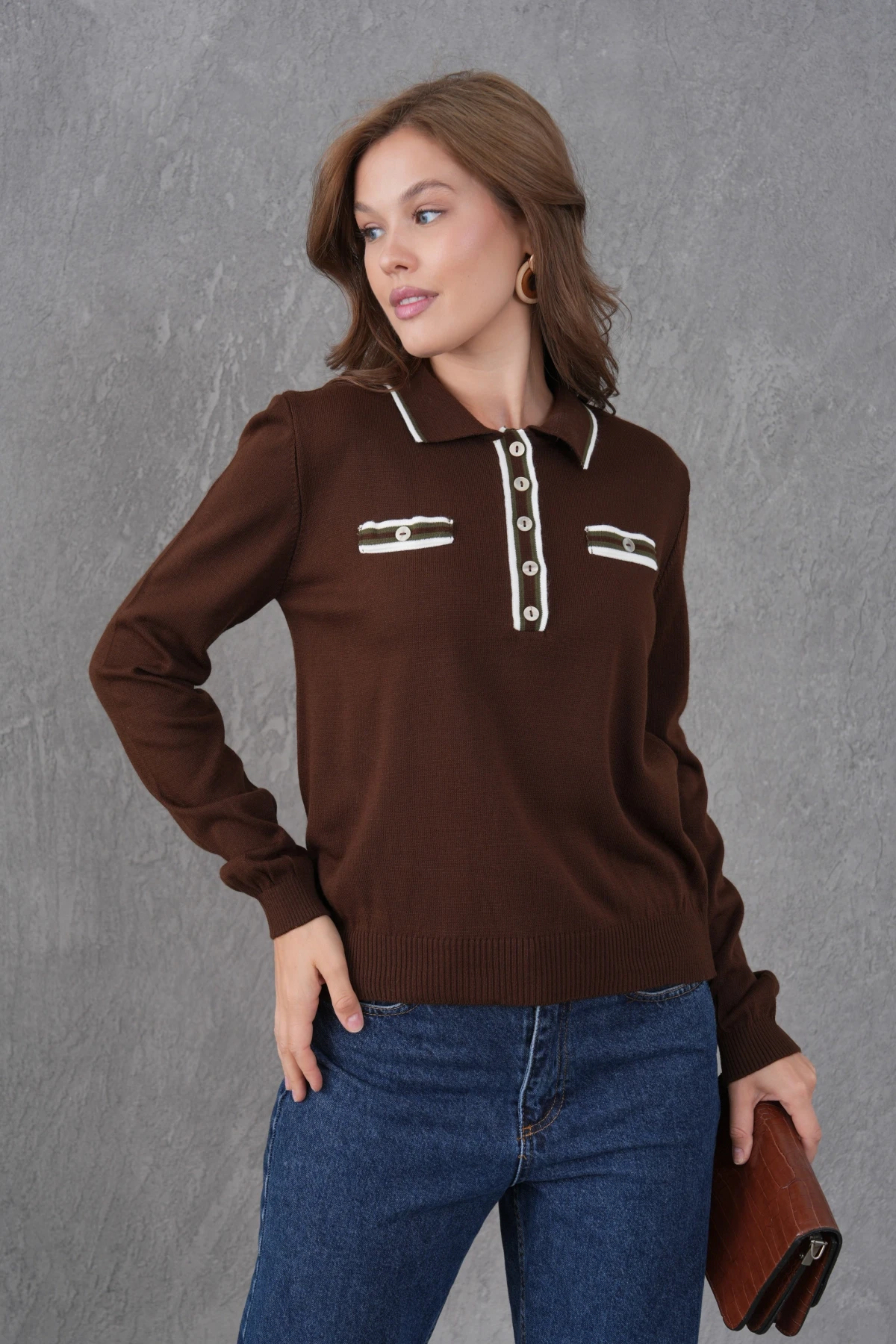 Kadın Polo Yaka Garni Detay Triko Kazak