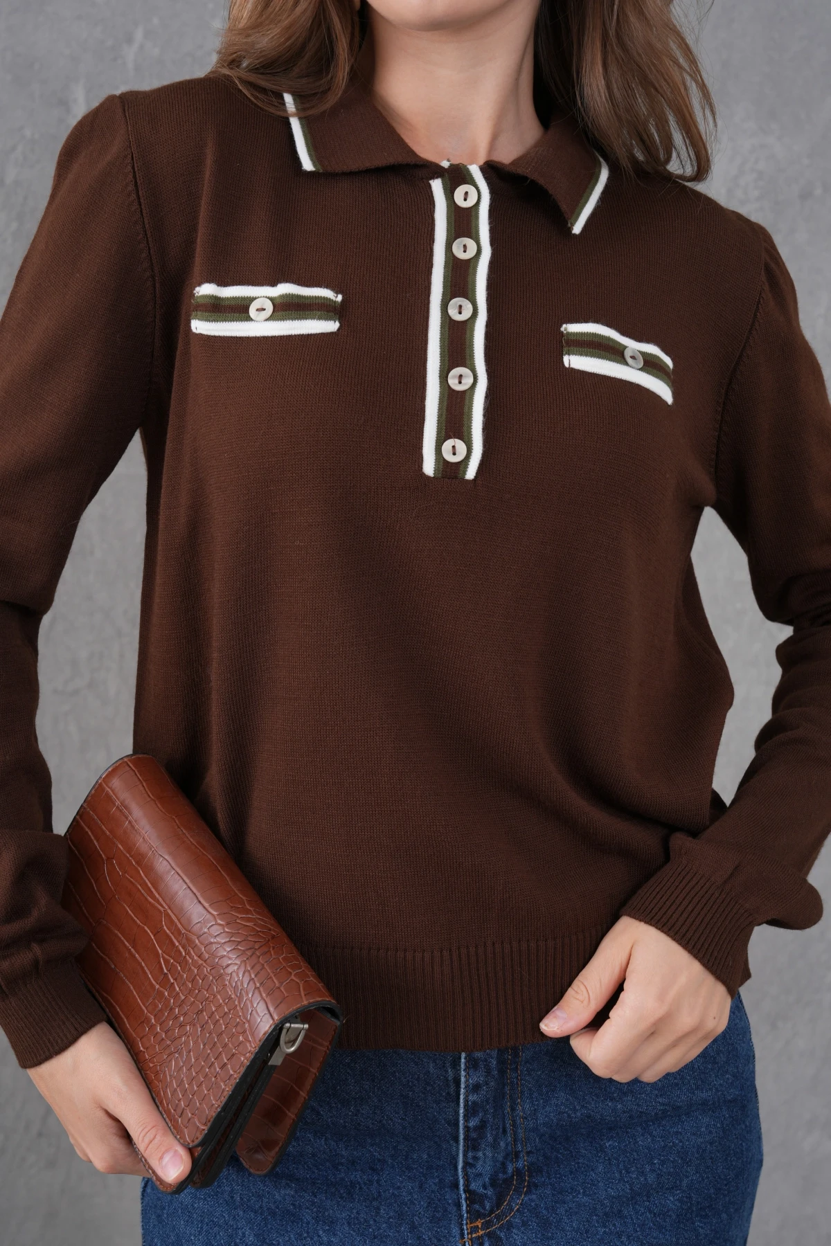 Kadın Polo Yaka Garni Detay Triko Kazak