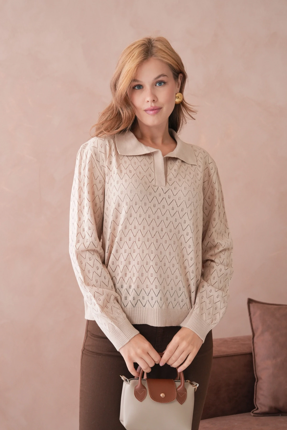 Kadın Polo Yaka Örgü Detay Oversize Triko Kazak