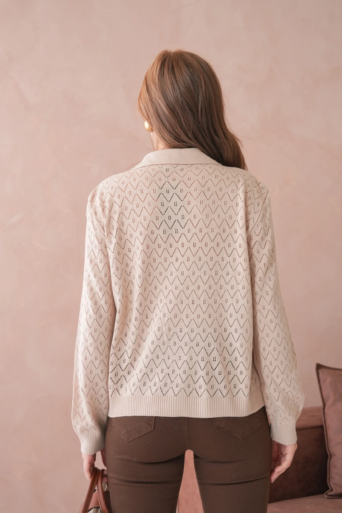 Kadın Polo Yaka Örgü Detay Oversize Triko Kazak