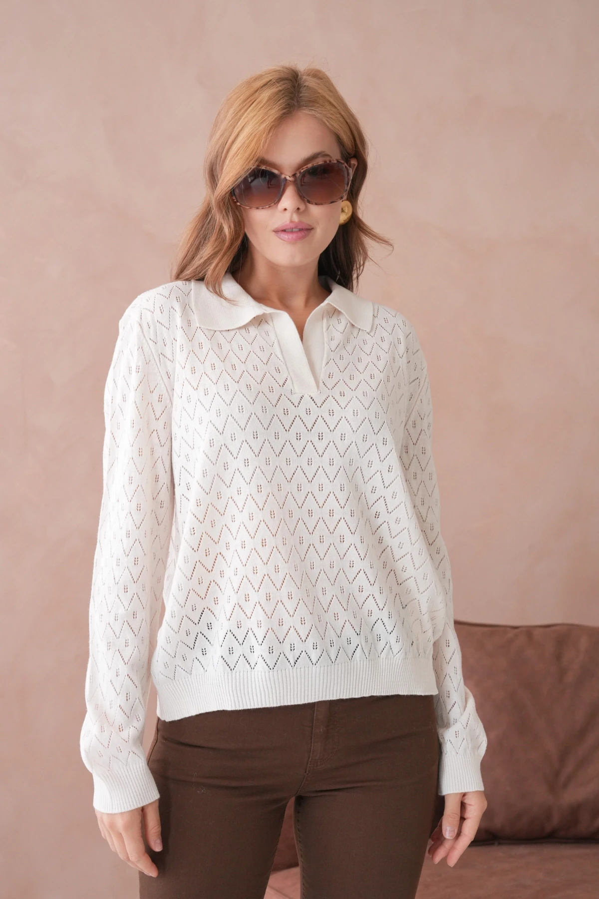 Kadın Polo Yaka Örgü Detay Oversize Triko Kazak