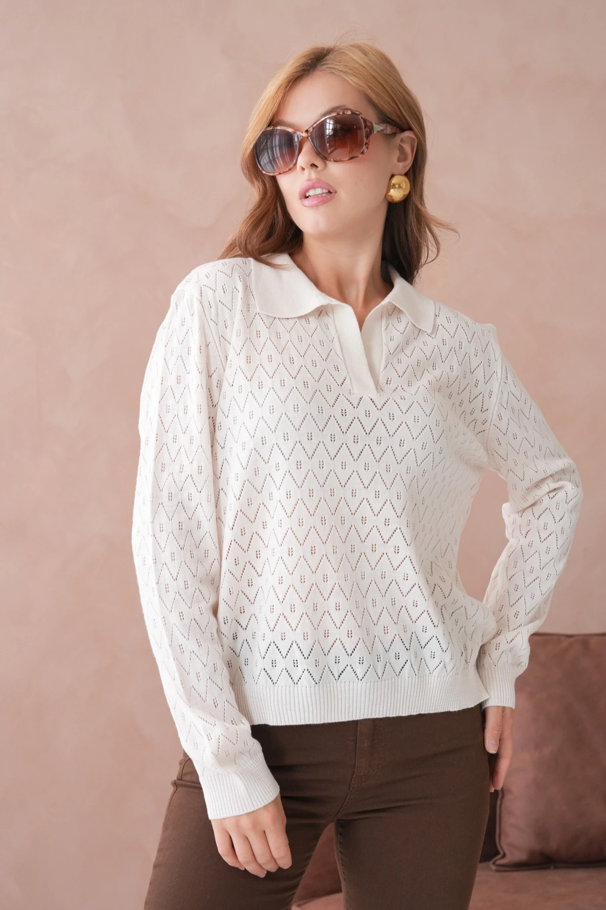 Kadın Polo Yaka Örgü Detay Oversize Triko Kazak