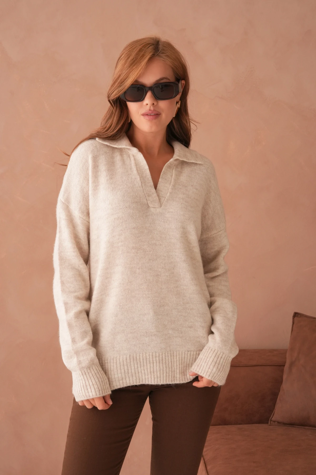 Kadın Polo Yaka Oversize Triko Kazak