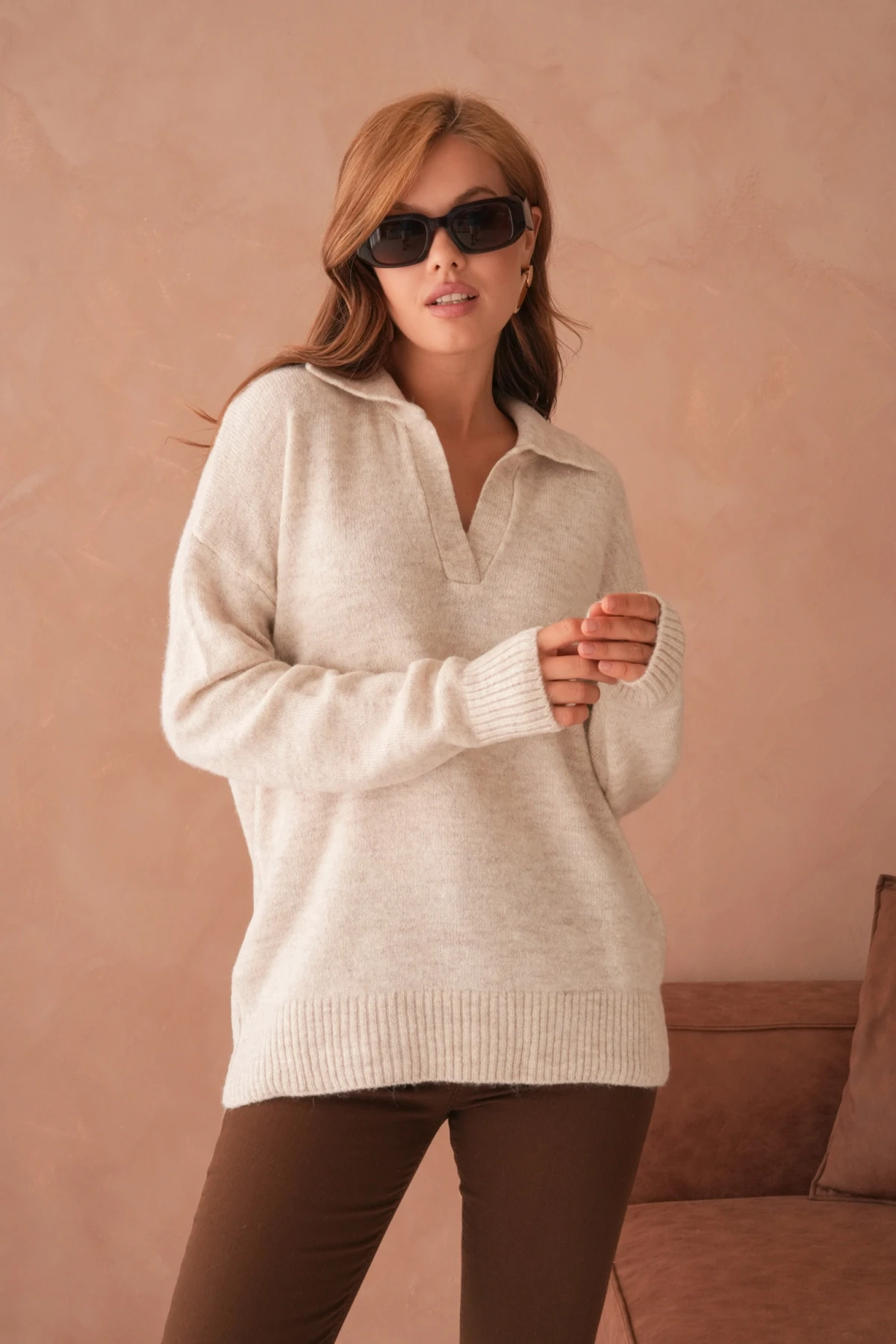 Kadın Polo Yaka Oversize Triko Kazak