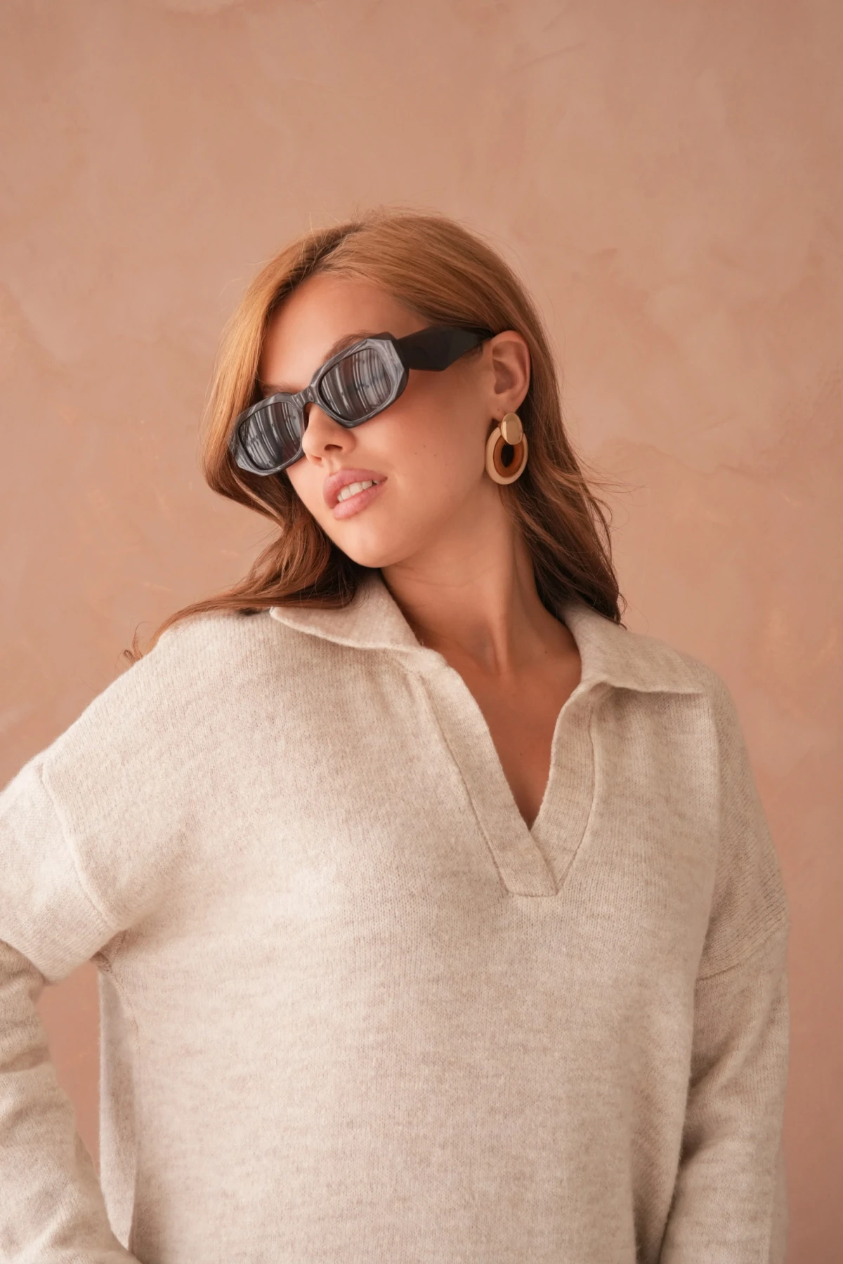 Kadın Polo Yaka Oversize Triko Kazak