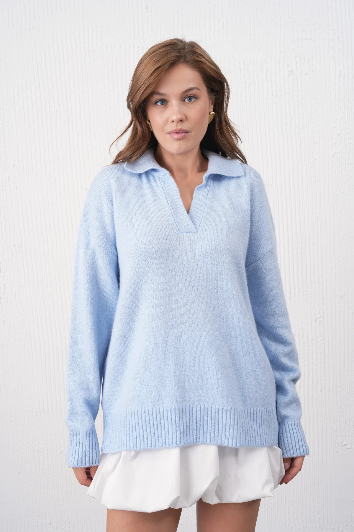 Kadın Polo Yaka Oversize Triko Kazak