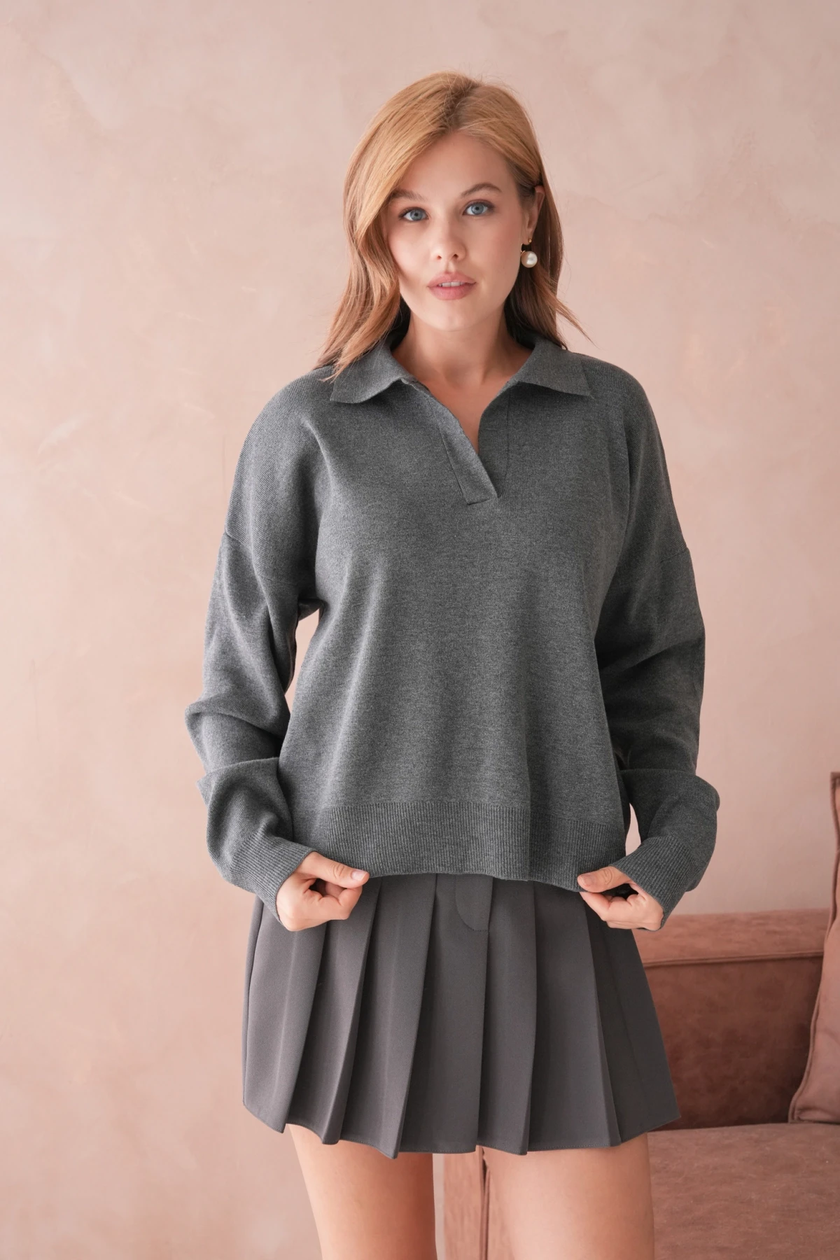 Kadın Polo Yaka Oversize Triko Kazak