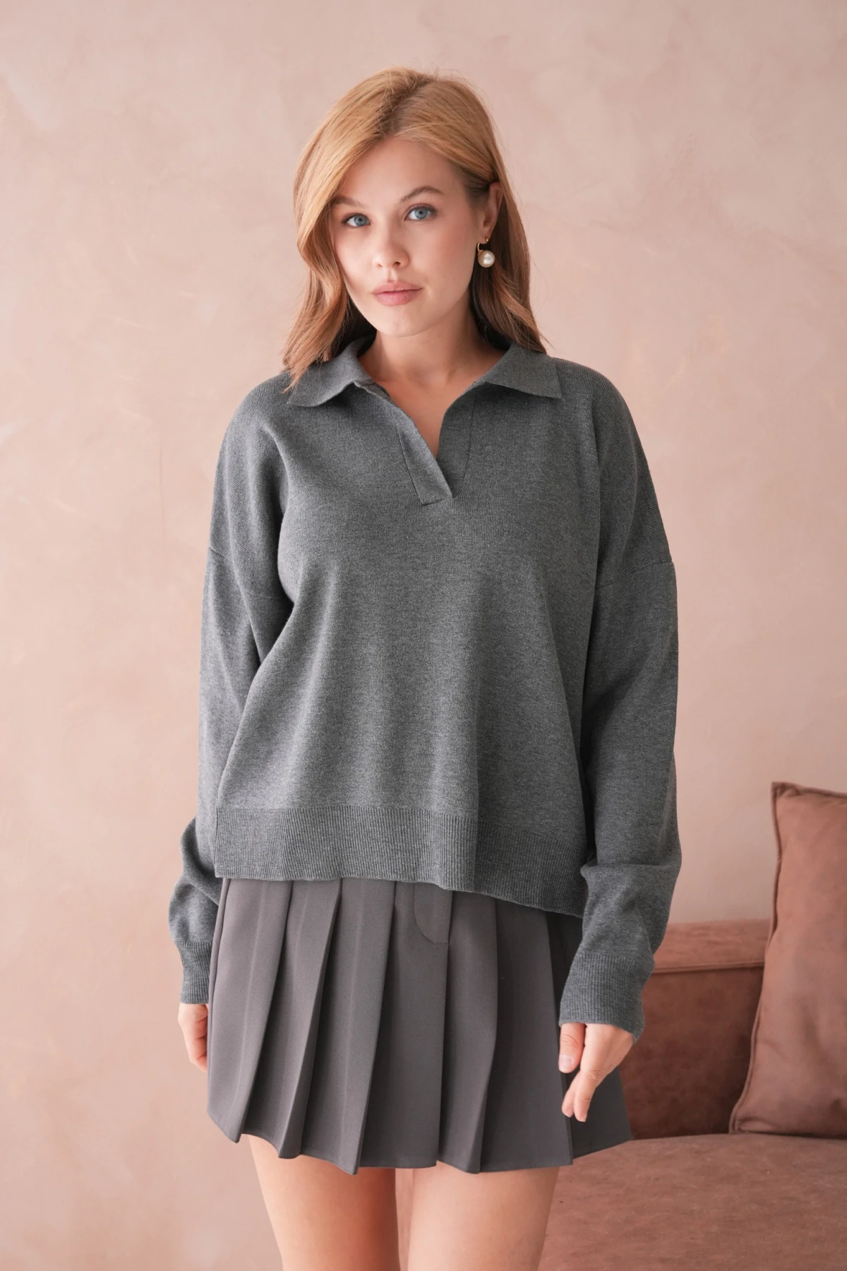 Kadın Polo Yaka Oversize Triko Kazak