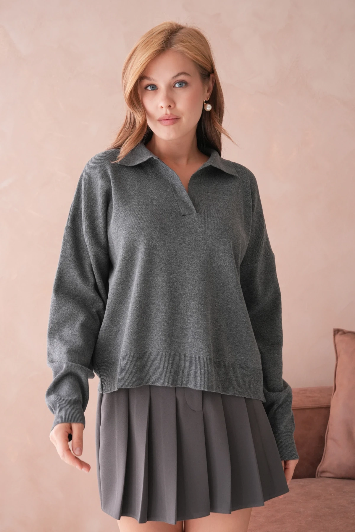 Kadın Polo Yaka Oversize Triko Kazak