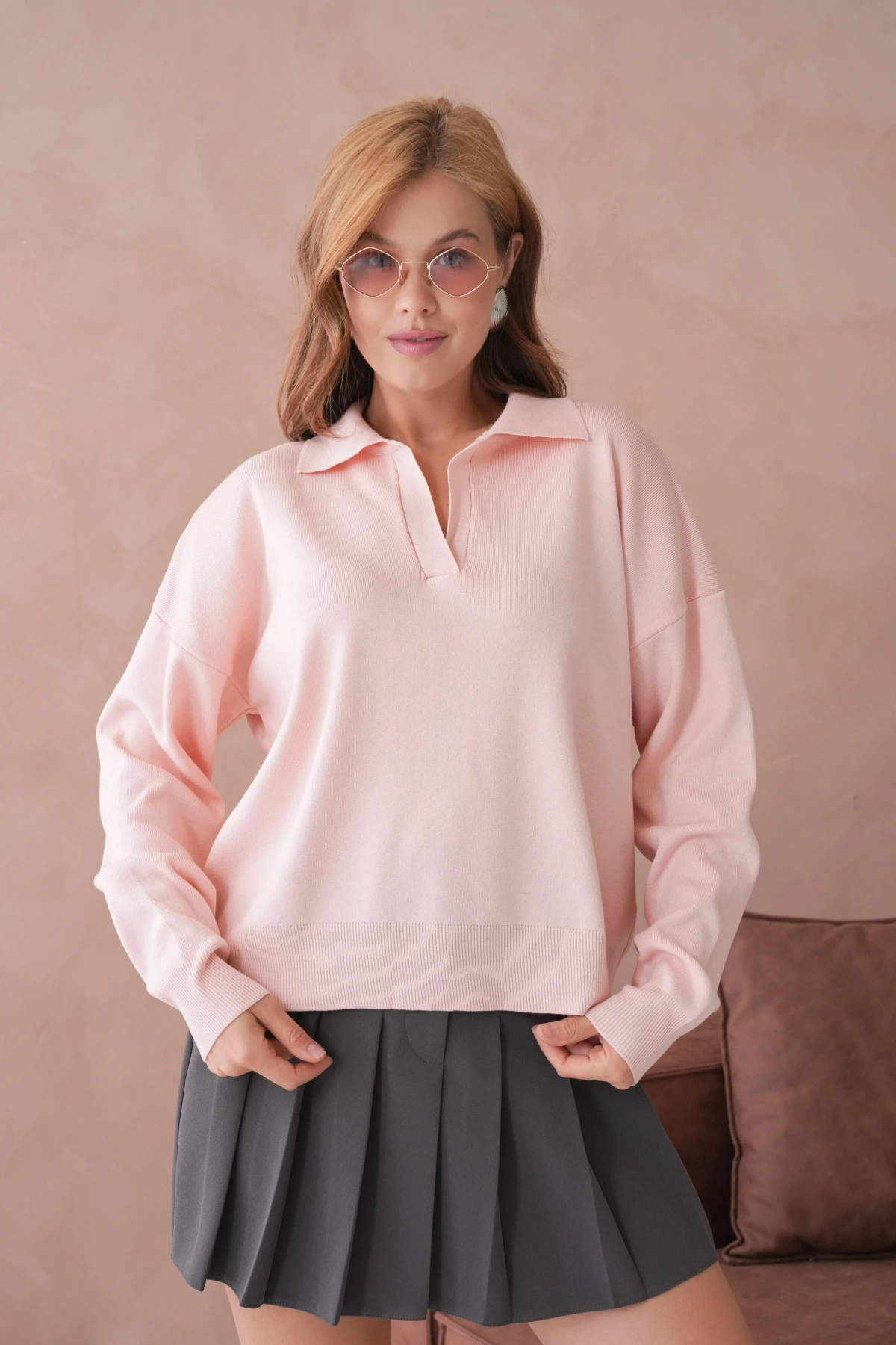 Kadın Polo Yaka Oversize Triko Kazak