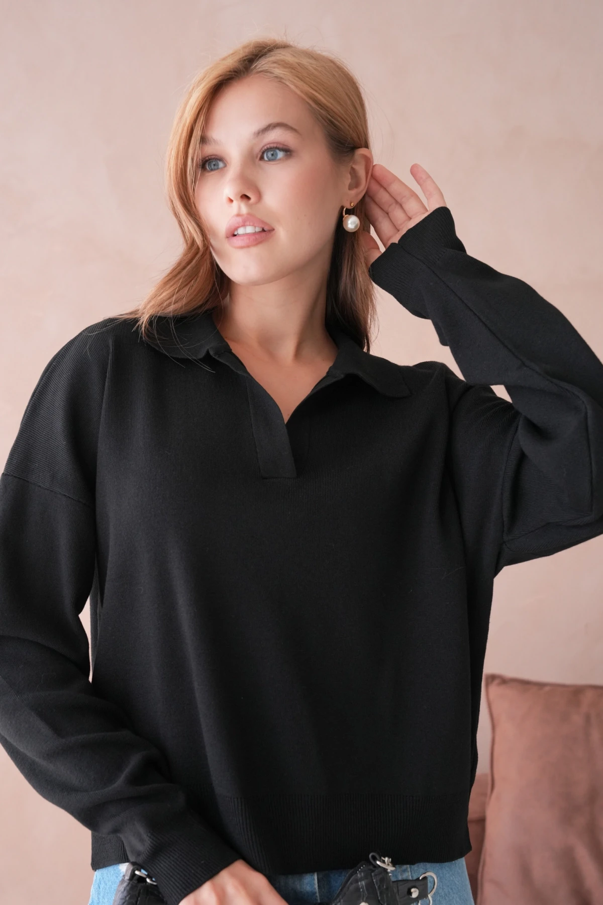 Kadın Polo Yaka Oversize Triko Kazak