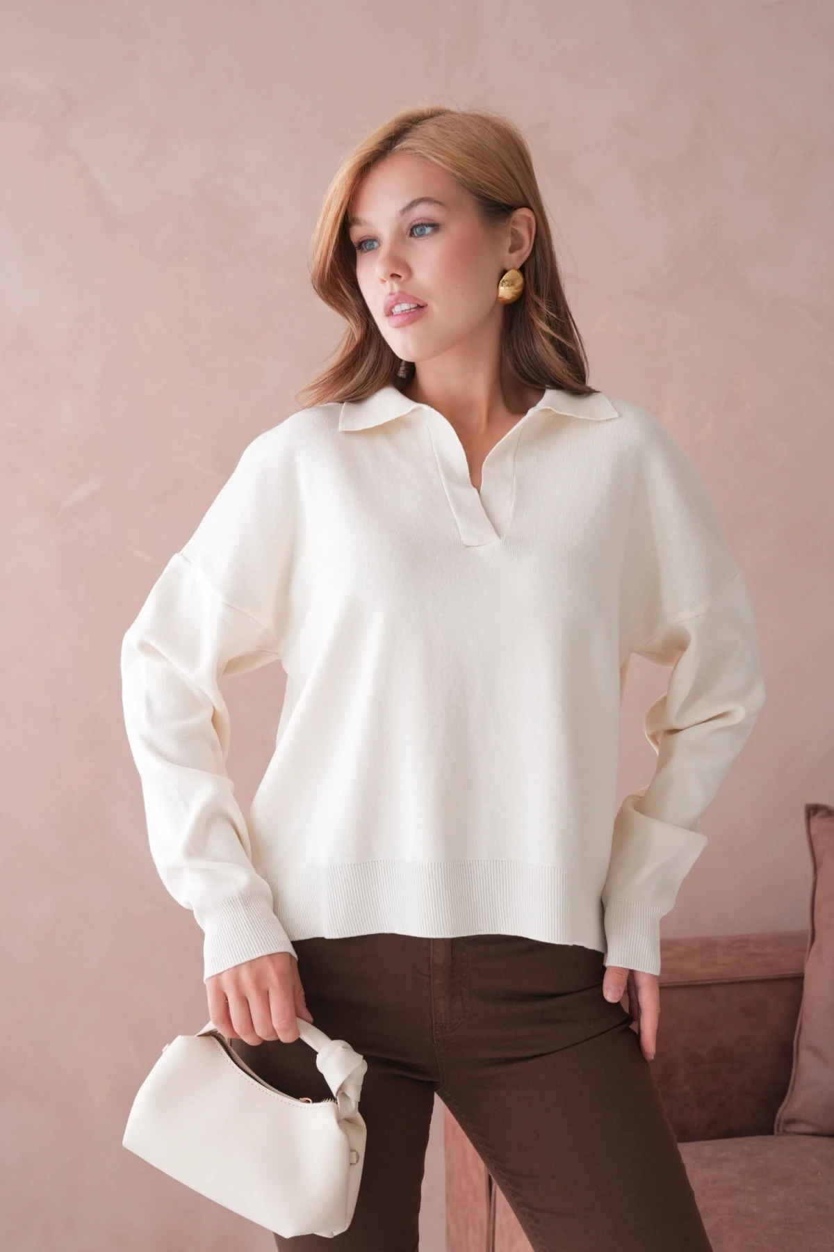 Kadın Polo Yaka Oversize Triko Kazak