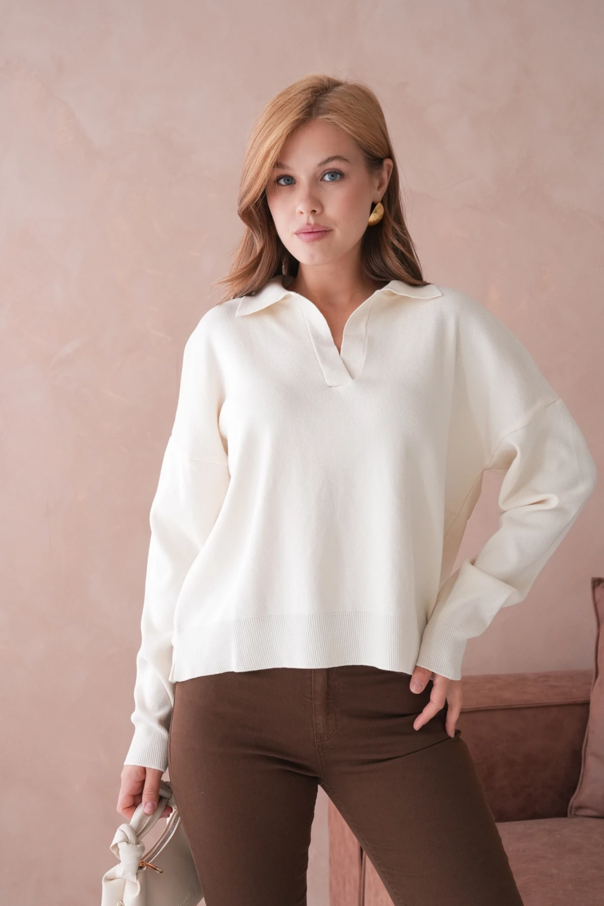 Kadın Polo Yaka Oversize Triko Kazak