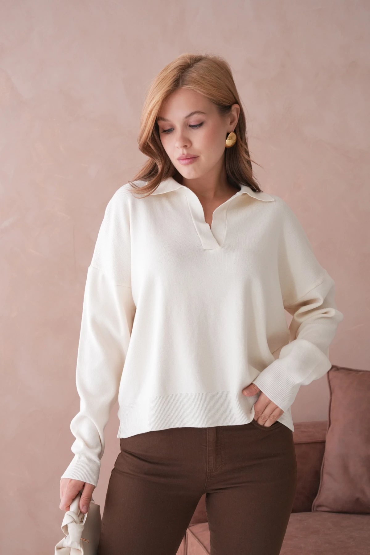 Kadın Polo Yaka Oversize Triko Kazak