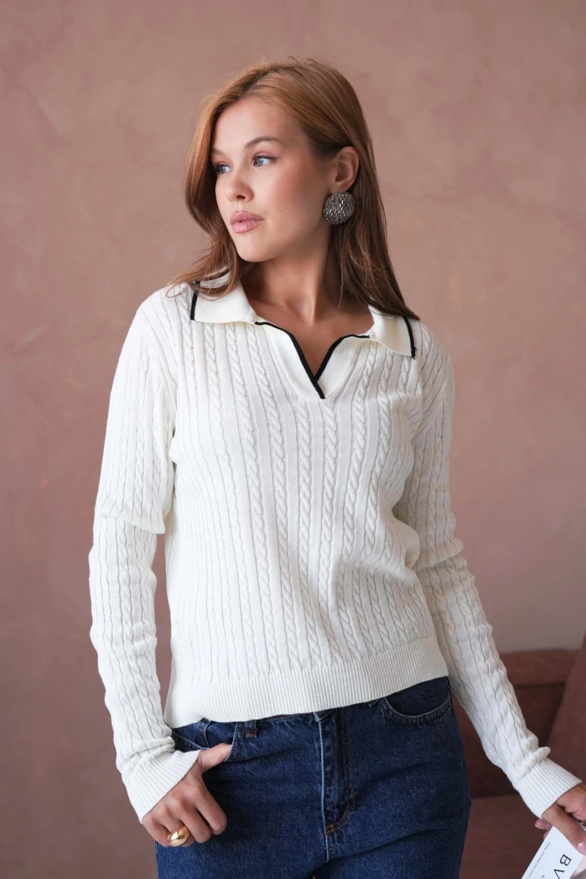 Kadın Polo Yaka Saç Örgü Triko Kazaak