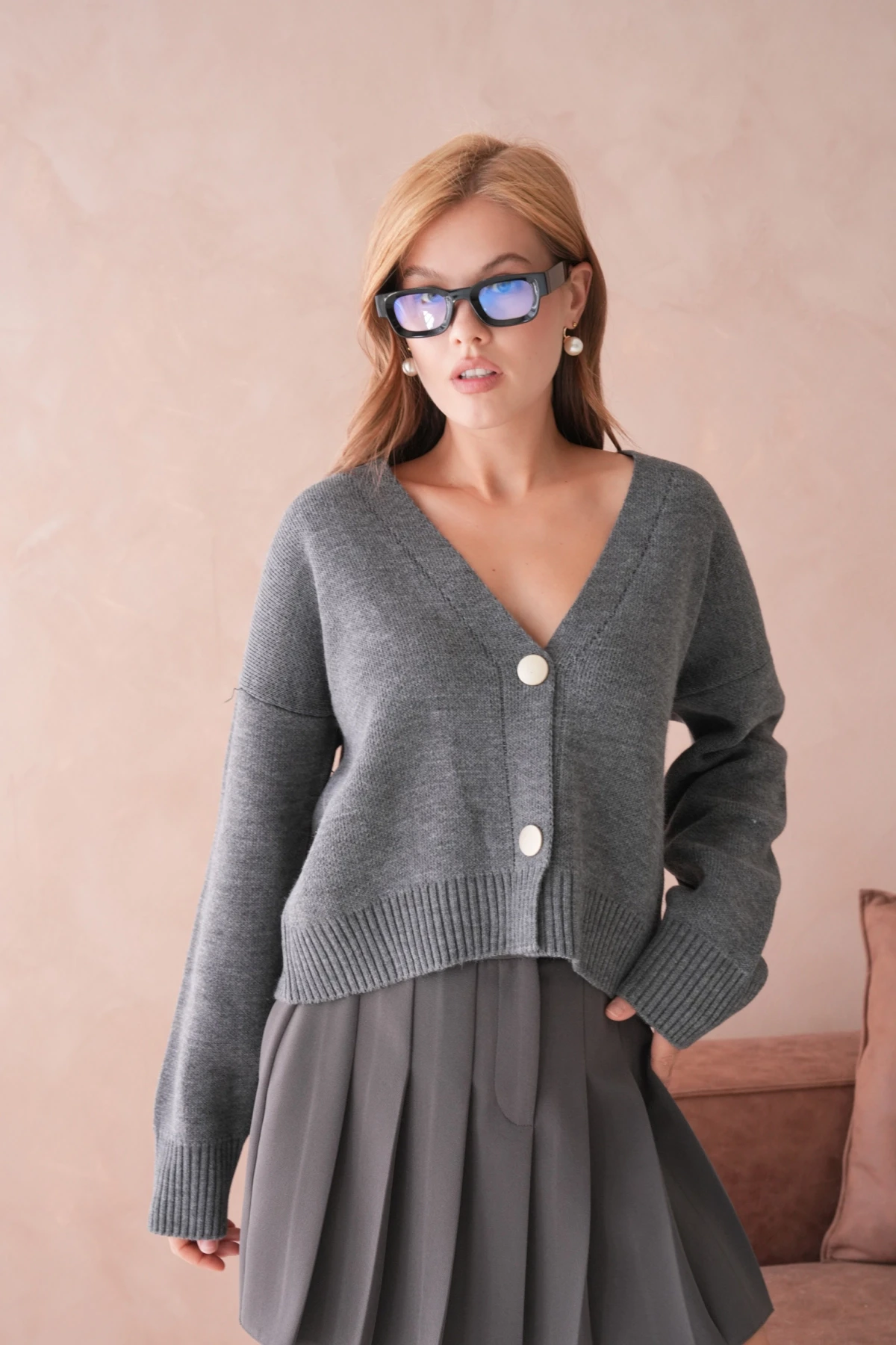 Kadın Polo Yakka Düğme Detay Oversize Triko Hırka