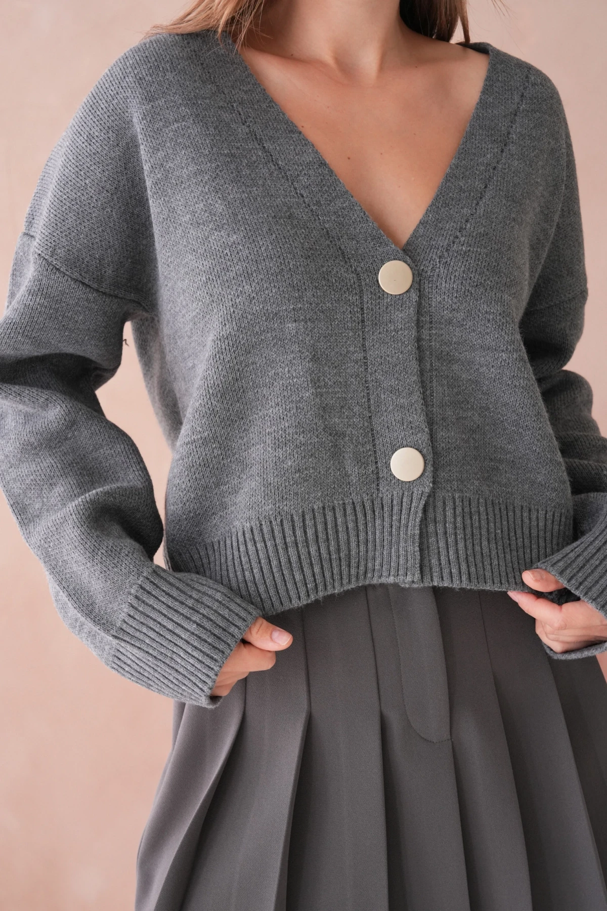 Kadın Polo Yakka Düğme Detay Oversize Triko Hırka