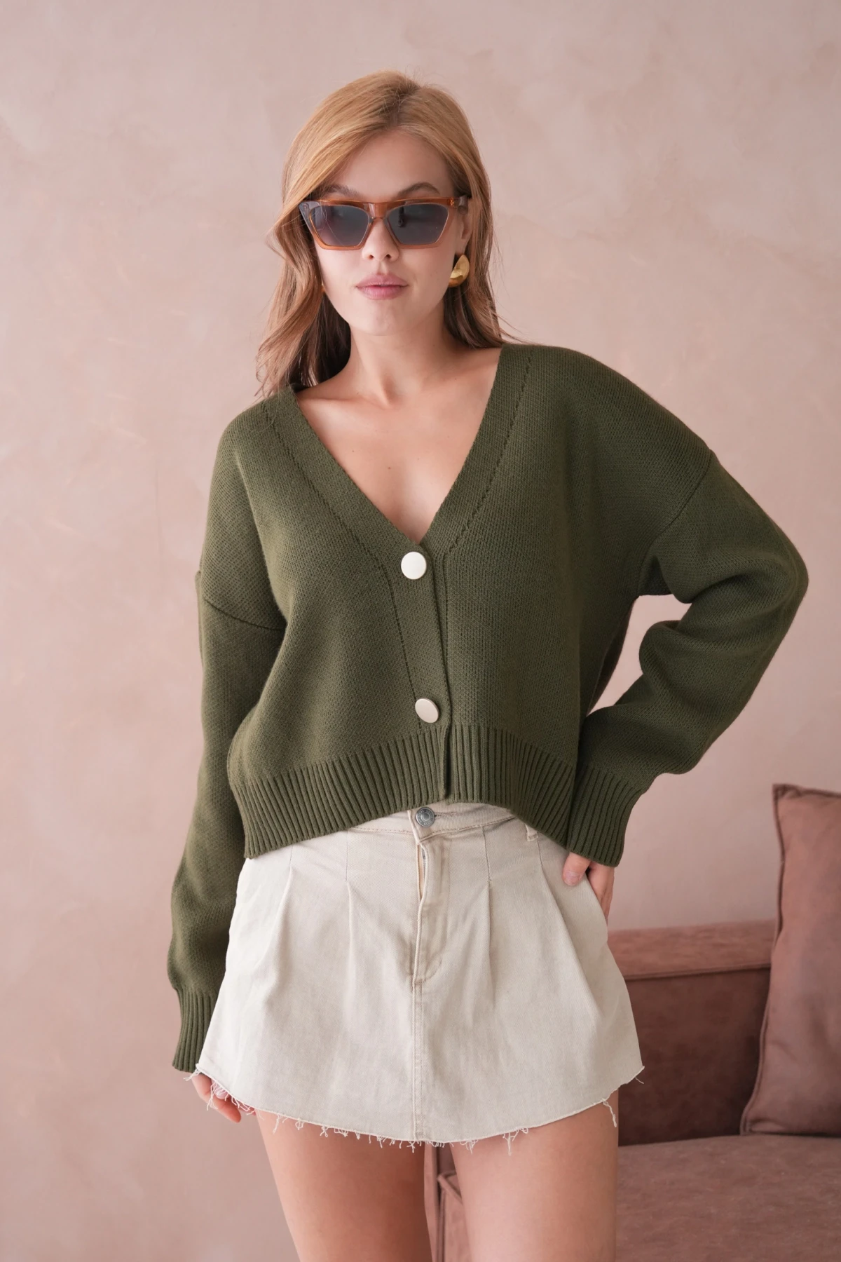 Kadın Polo Yakka Düğme Detay Oversize Triko Hırka