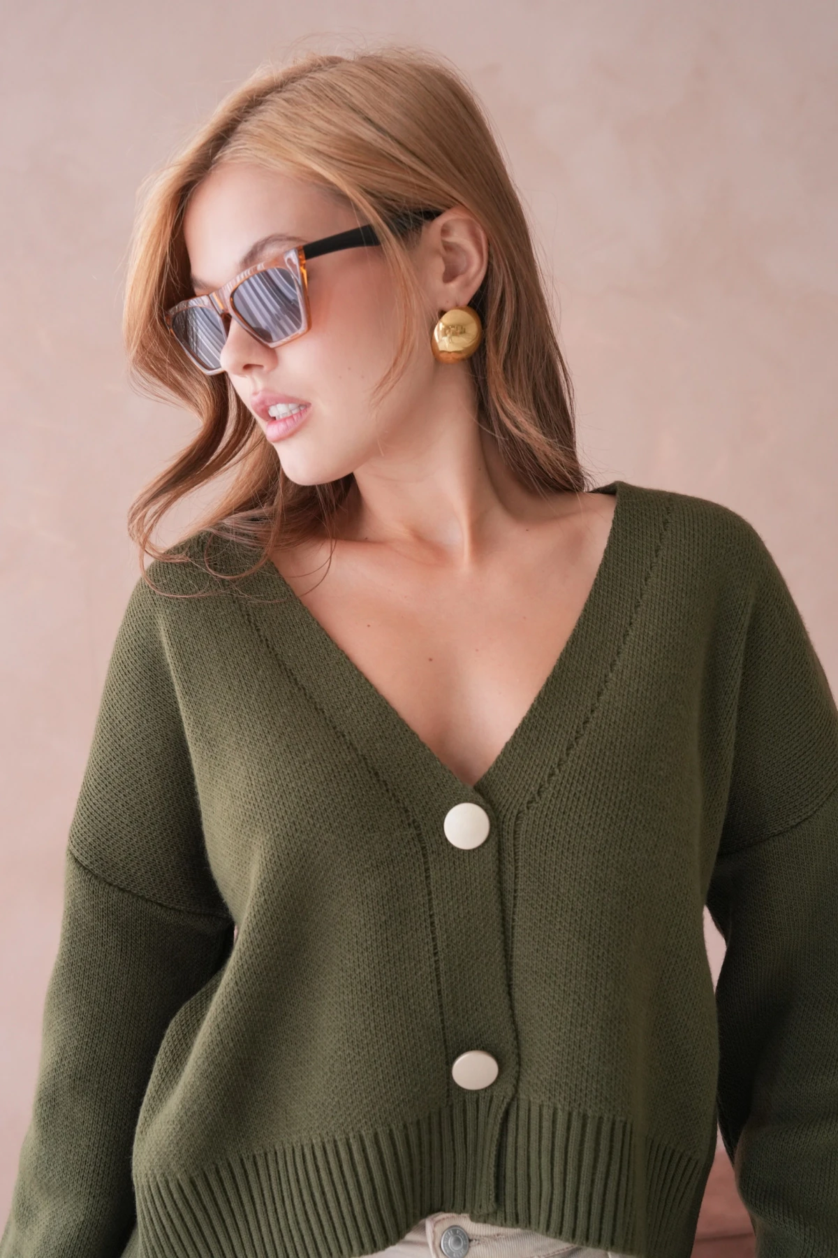 Kadın Polo Yakka Düğme Detay Oversize Triko Hırka