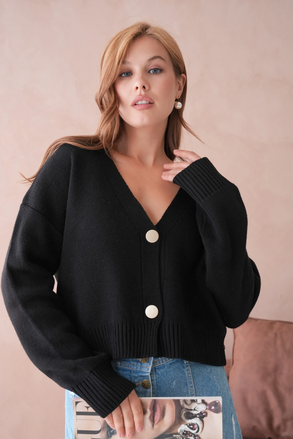 Kadın Polo Yakka Düğme Detay Oversize Triko Hırka