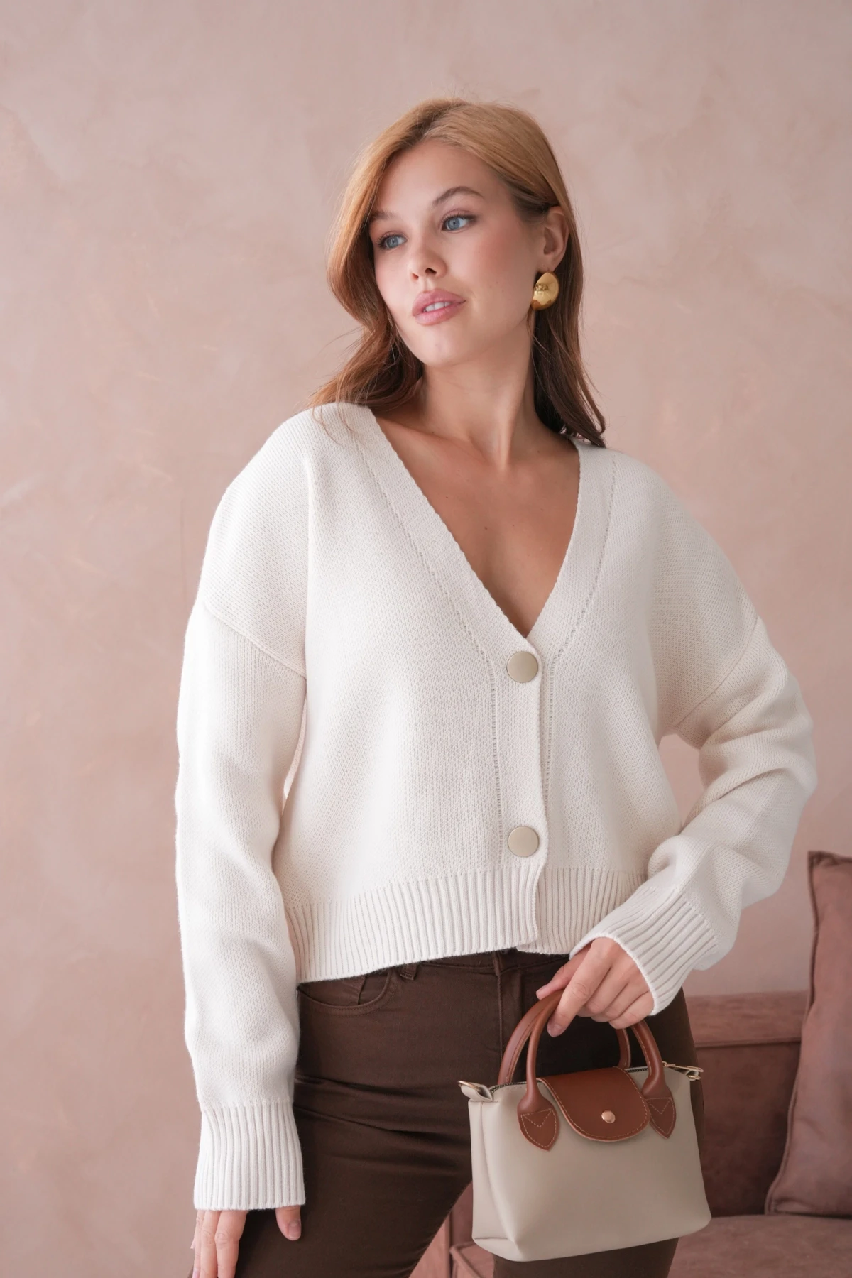 Kadın Polo Yakka Düğme Detay Oversize Triko Hırka