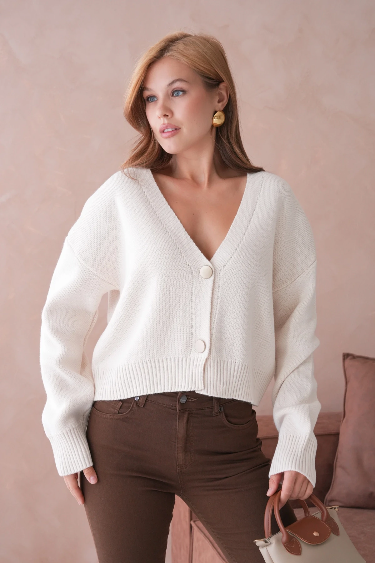 Kadın Polo Yakka Düğme Detay Oversize Triko Hırka