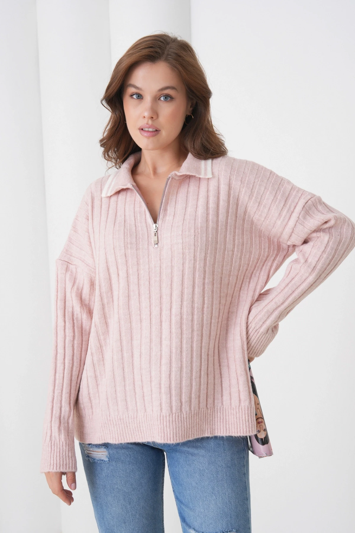 Kadın Pudra Polo Yaka Fermuarlı Oversize Triko Kazak