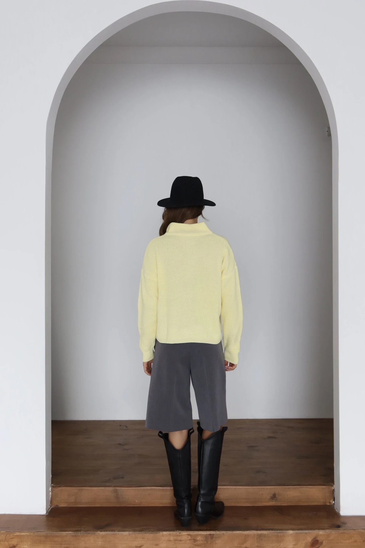 Kadın Sarı Oversize Fermuarlı Basic Triko Kazak