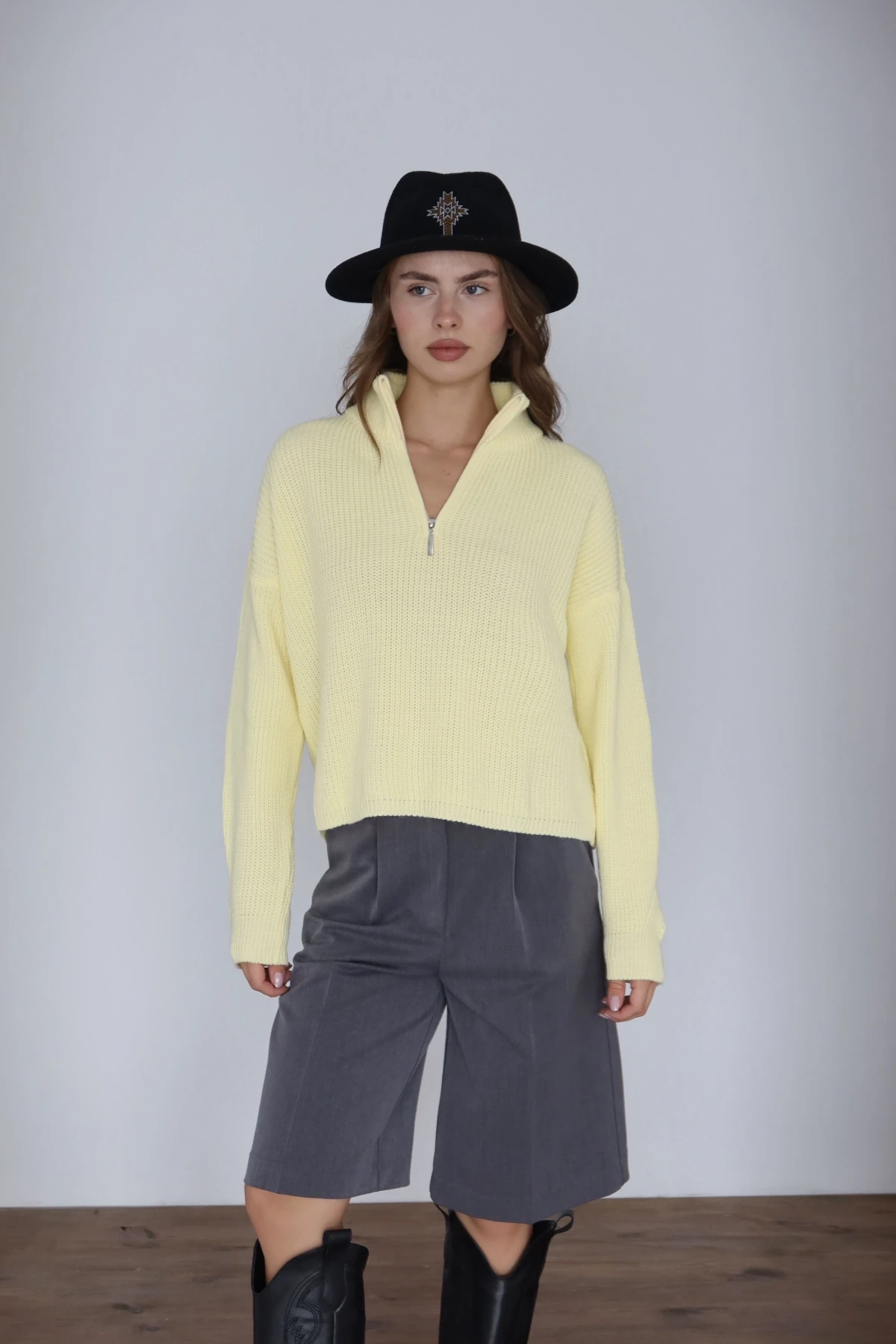 Kadın Sarı Oversize Fermuarlı Basic Triko Kazak