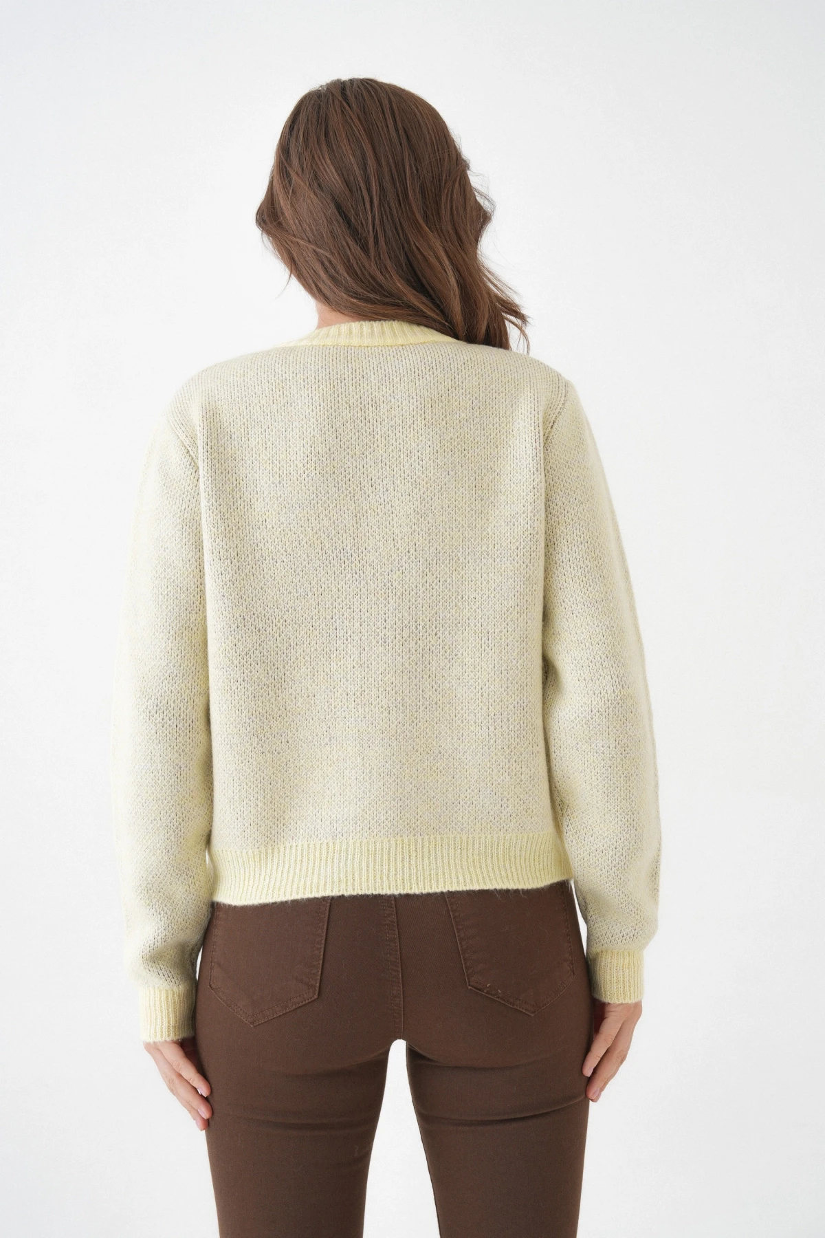 Kadın Sarı Bisiklet Yaka Düğme Detay Desenli Triko Hırka