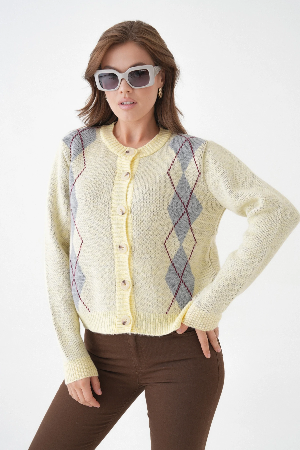 Kadın Sarı Bisiklet Yaka Düğme Detay Desenli Triko Hırka