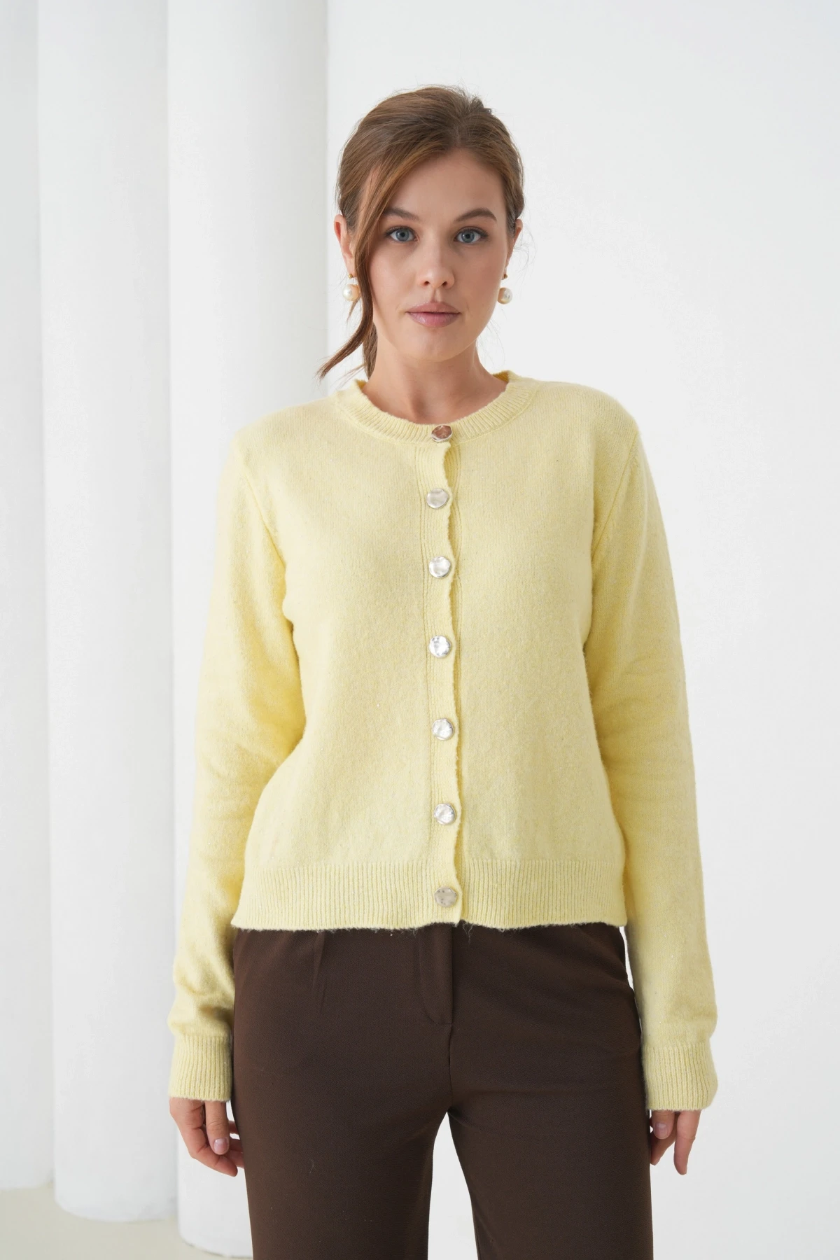 Kadın Sarı Bisiklet Yaka Düğme Detay Yumuşak Dokulu Triko Hırka